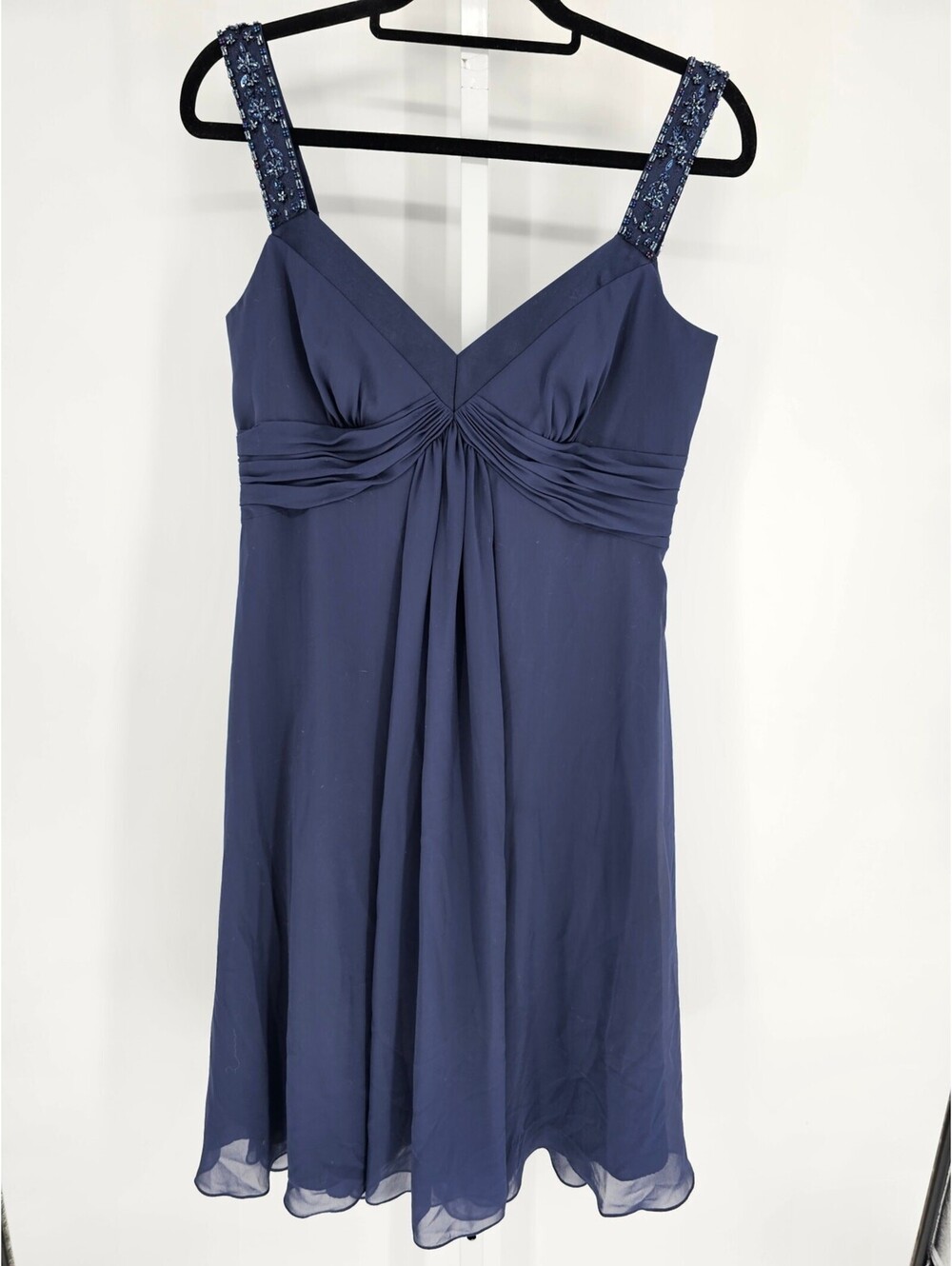 Davids Bridal Womens 10 Midi Length Brideso=maid Dress Chiffon Dark Blue Beaded